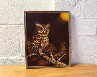 Vintage Owl Art Framed Original Painting Amateur Artwork 3D Textured MCM Bird Brown Picture Wall Dopamine Decor 1970s 70s