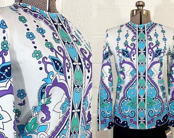 Vintage Psychedelic Print Top 1960s 1970s Mod Long Sleeve Blouse Paisley Blue Purple Green Medium