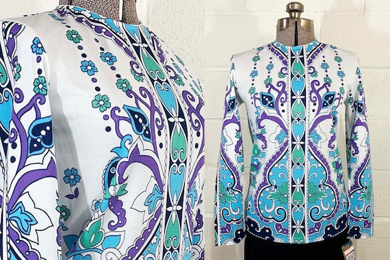 Vintage Psychedelic Print Top 1960s 1970s Mod Long Sleeve Blouse Paisley Blue Purple Green Medium