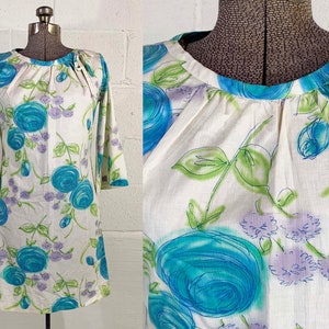 Vintage Watercolor Dress Blue Green Roses Floral Wedding 3/4 Sleeves Flowers Medium 1950s 1960s