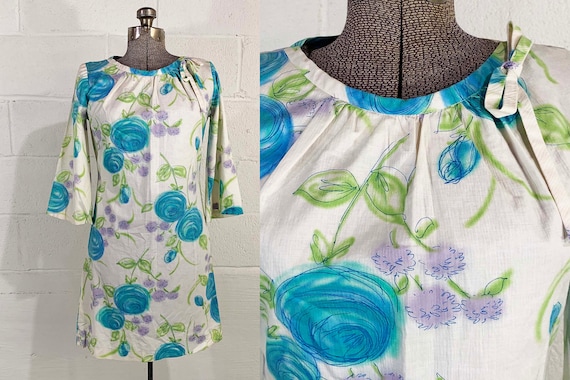 Vintage Watercolor Dress Blue Green White Roses Flower Floral Print Wedding Guest Party 3/4 Sleeves Flowers Betty Draper Medium 1950s 1960s