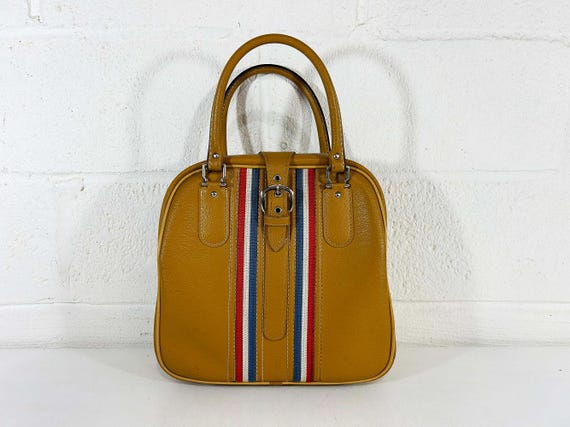 Vintage Yellow Striped Vinyl Overnight Bag, 1960s Mod Carry-On