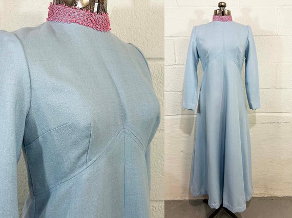 Vintage Mod Maxi Dress Blue Hostess Gown Prom Wedding Holiday Cocktail Party Twiggy Megan Draper Long Sleeves Beaded Mock Neck 1960s Small