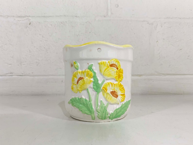 Vintage White Ceramic Hanging Planter Airplant Holder Floral Basket 1970s Flowers Yellow Air Plant Mid-Century Product MCM image 5