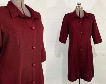 Vintage Burgundy Shift Dress Maroon A-Line Mod Scooter Twiggy 3/4 Sleeves Collared Shirt Dress Large 1970s
