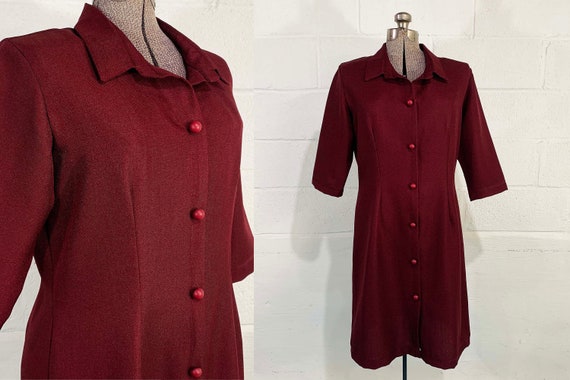 Vintage Burgundy Shift Dress Maroon A-Line Mod Scooter Twiggy 3/4 Sleeves Collared Shirt Dress Large 1970s