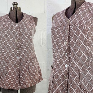 Vintage Vest Brown Button Up Tunic Length Sleeveless Ikat Design Shirt Minx TV Movie Costume 1970s Aesthetic Large Medium zdjęcie 1