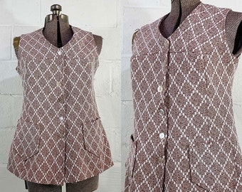 Vintage Vest Brown Button Up Tunic Length Sleeveless Ikat Design Shirt Minx TV Movie Costume 1970s Aesthetic Large Medium