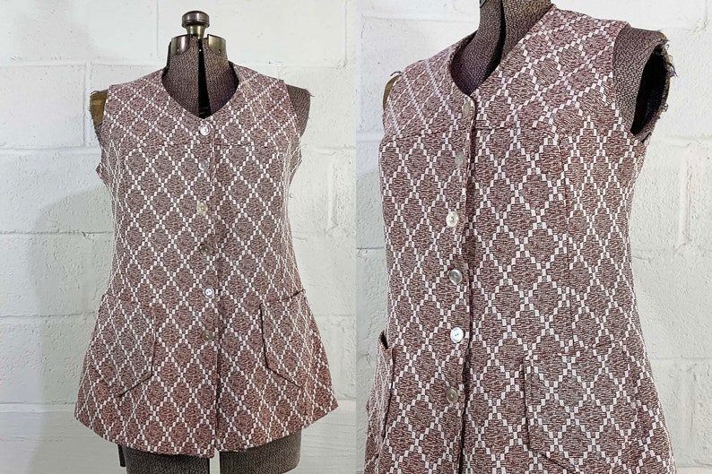 Vintage Vest Brown Button Up Tunic Length Sleeveless Ikat Design Shirt Minx TV Movie Costume 1970s Aesthetic Large Medium zdjęcie 1