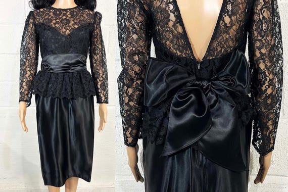 Vintage Gunne Sax Black Lace Dress: 1980s Satin Peplum XS