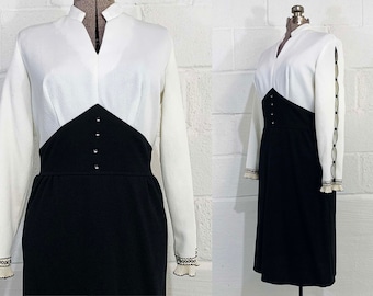 Vintage Black A-Line Dress White Peekaboo Sleeves 60s 1960s Mini White Mod Twiggy Long Sleeve Mini Scooter Party Evening Medium Large