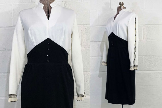 Vintage Black A-Line Dress White Peekaboo Sleeves 60s 1960s Mini White Mod Twiggy Long Sleeve Mini Scooter Party Evening Medium Large