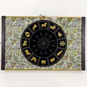 May include: A vintage rectangular wall decoration with a black zodiac wheel and gold symbols. The background has a paisley pattern in green, yellow, and white. The frame is brown with a gold border. A white cord extends from the top.