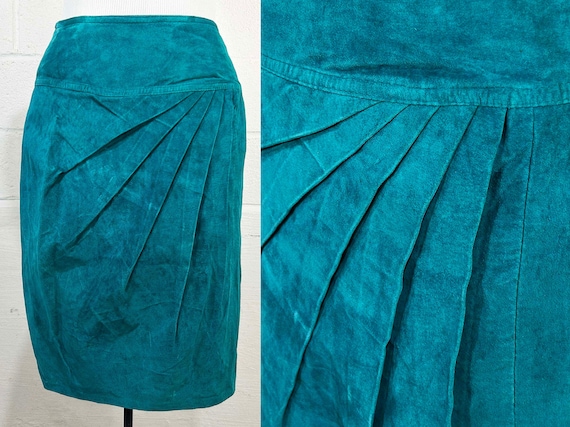Vintage Teal Suede Pencil Skirt Wiggle Cedars Turquoise Green Blue Rocker New Wave Glam Rock Fan Pleated 1990s 1980s Small XS