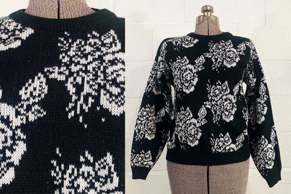 Vintage Black and White Rose Sweater Floral Pattern Rainbow Ridge Long Sleeve Pullover Jumper 1980s 1990s Small Medium