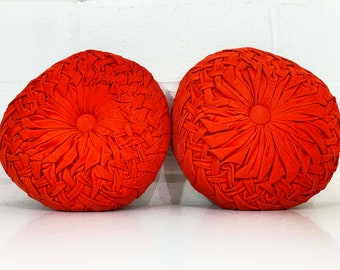 Vintage Pair of Orange Pillows Round Accent Circle Pillow Ruched Pleated Corduroy Bohemian Mid Century Comfy Pouf Throw Sofa Couch 1960s