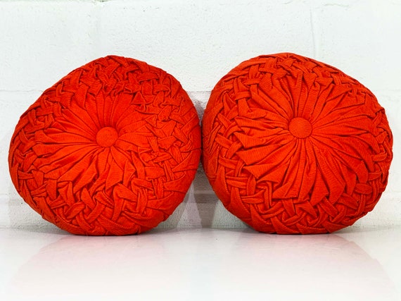 Vintage Pair of Orange Pillows Round Accent Circle Pillow Ruched Pleated Corduroy Bohemian Mid Century Comfy Pouf Throw Sofa Couch 1960s