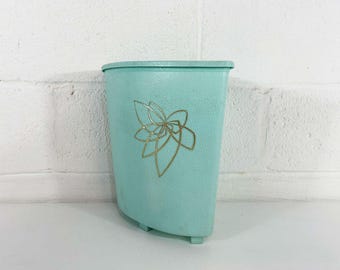 Vintage Trash Can Blue Corner Waste Basket Bathroom Plastic Mid-Century 1960s