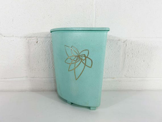 Vintage Blue Corner Waste Basket Bathroom Trash Can Retro Storage Plastic Office Home Prop Movie TV Nursery Craft Room Abstract Mid-Century