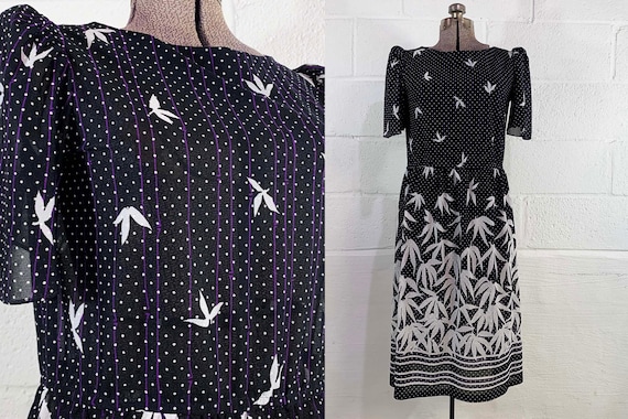 Vintage Floral Dress Sheer Short Sleeves Black Purple Puff Sleeve Midi Wedding Guest Bridesmaid Franky B 1970s 1980s Medium