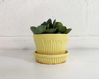 Vintage Yellow Planter Morton Butter Yellow Icicle Attached Saucer Mid-Century Pottery 1950s