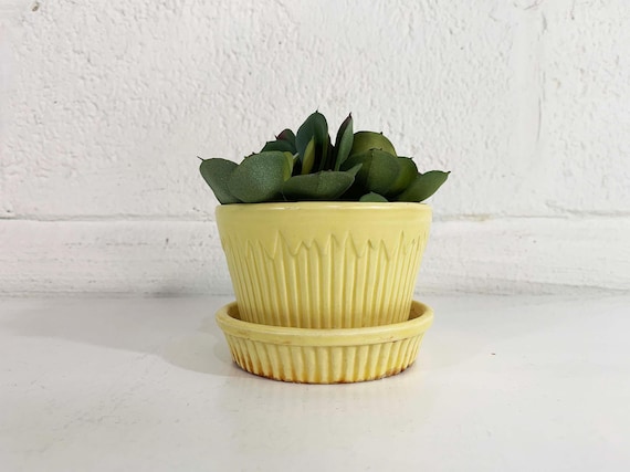 Vintage Morton Butter Yellow Icicle Planter Cream Frosted Attached Saucer Mid-Century Pottery Pot Made in the USA 1950s