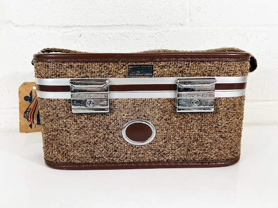 Vintage Amelia Earhart Train Case Brown Tweed Bag Suitcase Makeup Case Overnight Luggage 1970s