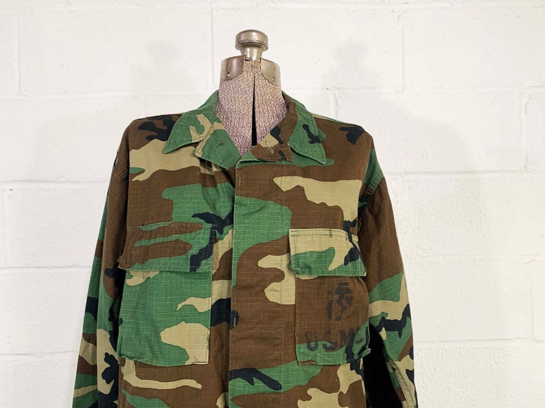 Vintage Army Camo Jacket Canvas Cargo Green Brown Black Hipster Cotton Canvas Coat Military Camouflage Cotton USMC Marine 1970s 1980s XL image 5