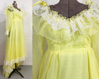 Vintage Yellow Puff Sleeve Dress Lace Lolita Wedding Hostess Dress Formal Prom Maxi Train White Twiggy 1960s 60s XXS XS