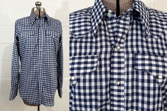 Vintag Western Shirt Cowboy Rodeo Gingham Checked Pearl Snap Plaid Rockmount Ranch Wear Long Sleeve 1960s Medium Large