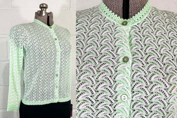 Vintage Mint Green Long Cardigan Sweater Long Sleeve Pointelle Knit Scalloped Neckline Button Front 1960s 1970s Grandmacore Medium
