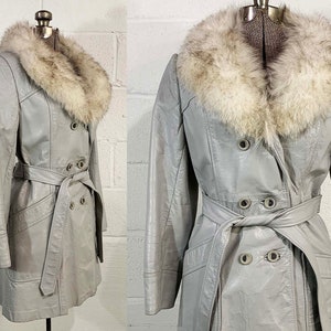 Vintage Grey Leather Belted Jacket Fur Collar Mod Boho Gray Mid-Length Trench Coat Button Front Penny Lane 1970s 1960s Medium image 1