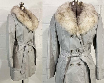 Vintage Grey Leather Belted Jacket Fur Collar Mod Boho Gray Mid-Length Trench Coat Button Front Penny Lane 1970s 1960s Medium