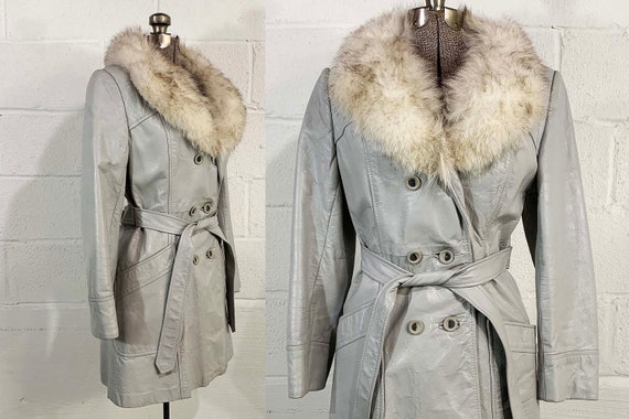 Vintage Grey Leather Belted Jacket Fur Collar Mod Boho Gray Mid-Length Trench Coat Button Front Penny Lane 1970s 1960s Medium