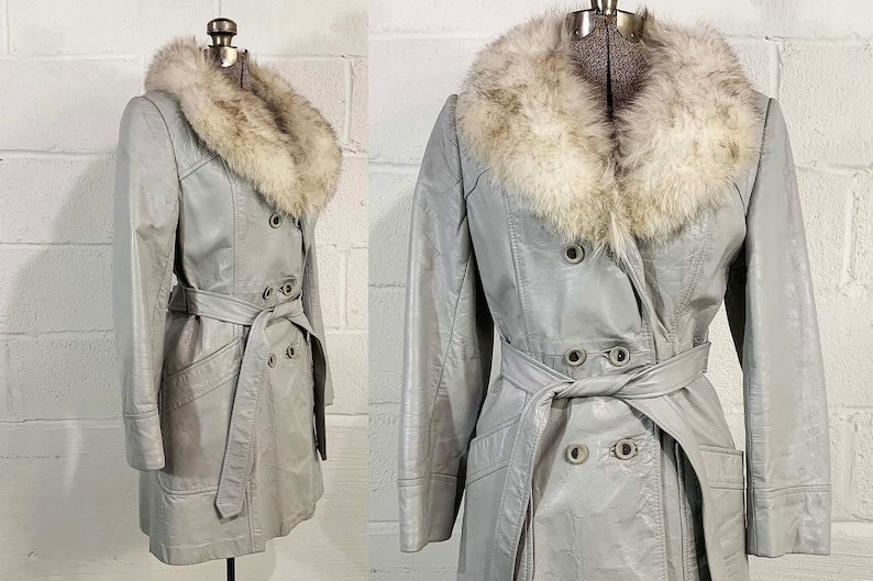 Vintage Grey Leather Belted Jacket Fur Collar Mod Boho Gray Mid-Length Trench Coat Button Front Penny Lane 1970s 1960s Medium image 1