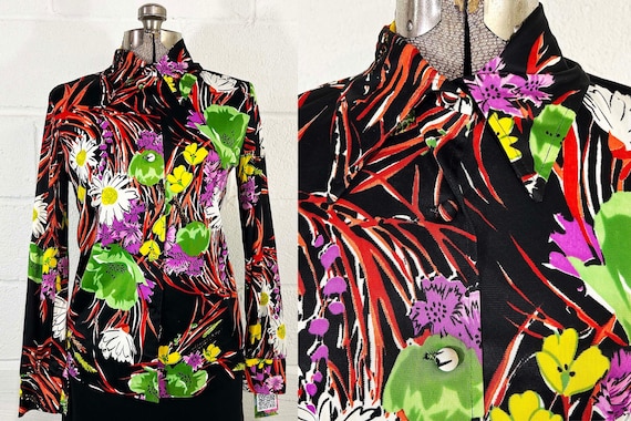 Vintage Funky Abstract Floral Shirt Top Black Long Sleeve Shirt Blouse Button Up Mod Minx TV Movie Costume Colorful Psychedelic 1970s Medium