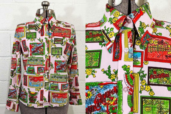 Vintage Colorful French Shirt Floral Text Top Pink Long Sleeve Blouse Mod Minx TV Movie Costume 1970s 1960s Medium