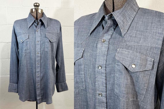 Vintage Denim Shirt Lightweight Chambray Pearl Snap Front Collared Long Sleeve Danbury Him II Collared 1990s Large XL