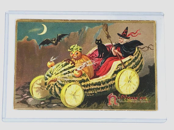 Antique 1908 Pumpkin Witch & Black Cat in Melon Car Vintage Tuck #150 Halloween Postcard