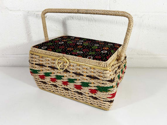 Vintage Sewing Basket Knitting Crocheting Textile Red Floral Flower Power Carry Notions Storage Mid-Century 1970s 1960s