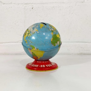 Vintage Globe Bank Mid Century Ohio Art Tin Litografia Metalowa mapa świata Mantique Baby Kids Room Decor Nursery 1950s