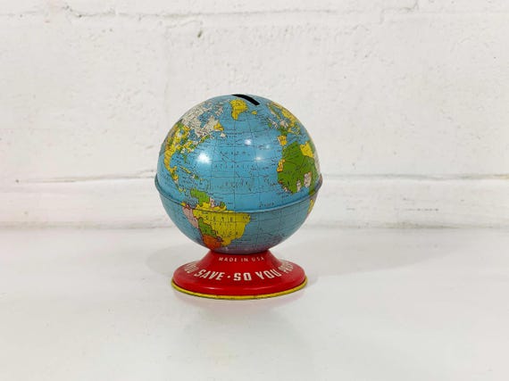 Vintage Globe Bank Mid Century Ohio Art Tin Lithograph Metal World Map Mantique Baby Kids Room Decor Nursery 1950s