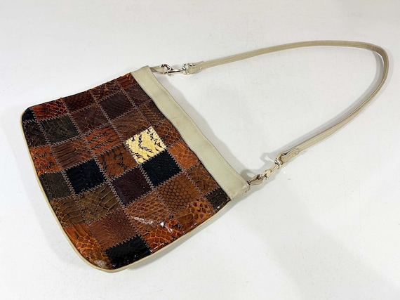 Vintage Margolm Patchwork Leather Shoulder Bag Handbag Purse Black Brown Beige Ivory Evening 1970s 1980s