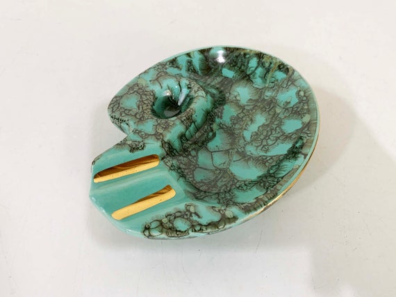 Vintage Atomic Ashtray Teal Blue Gold Boomerang Mad Men Ash Tray Jewelry Trinket Bowl Dish MCM Mid-Century Ceramic Portugal 1960s 60s