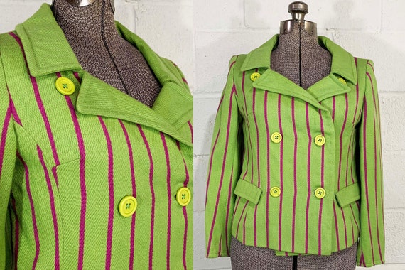 Vintage Green Blazer Jacket Mark Russell Purple Stripe England Long Sleeve Peacoat Coat Mod Twiggy Dopamine Dressing 1960s 1970s Medium