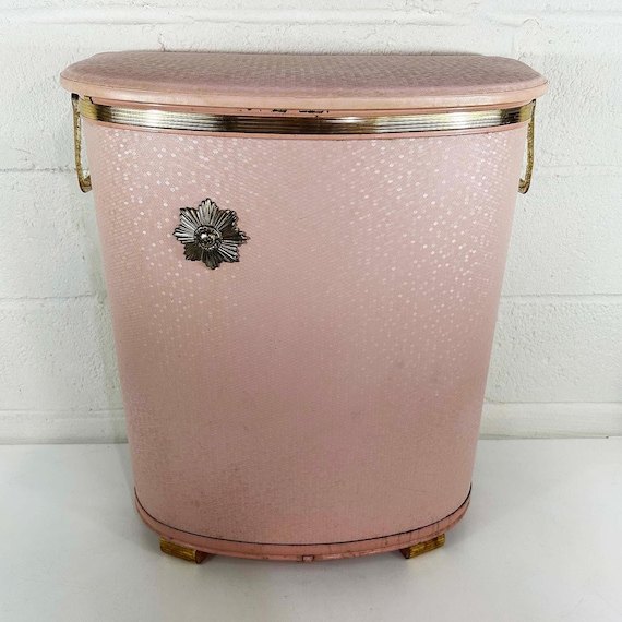 Vintage Pink Laundry Hamper: Pearl Wick Gold Lucite Handles, 1950s Basket