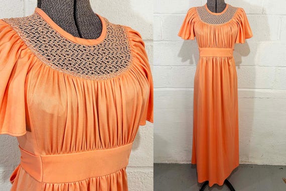 Vintage Hostess Dress Peach Flutter Sleeve Peasant Empire Waist Lace Maxi 1970s Medium
