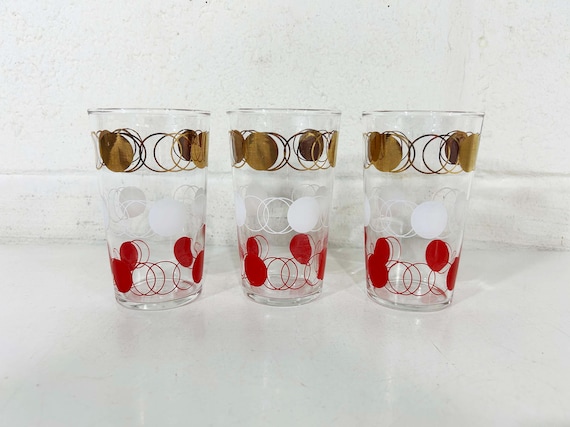 Vintage Small Atomic Glasses Barware Federal Glass Bar Set of 3 Mid Century MCM Tumblers: Red White Gold Polka Dot