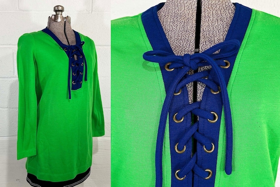Vintage Tie Front Blouse or Micro Mini Dress Green Navy Long Sleeve Knit Nautical Sailor Mod Lacing Lace Up Tunic Sizzler 1960s 1970s Medium