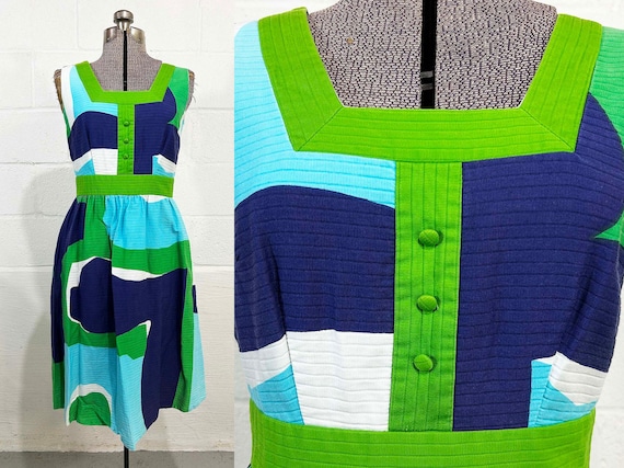 Vintage Hawaiian Cotton Dress Blue Green Malia Geometric Color Block Hawaii Honolulu Square Neckline Sleeveless 1960s Small